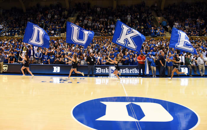 Duke Blue Devils cheerleaders take the floor prior to a basketball game at Cameron Indoor Stadium.